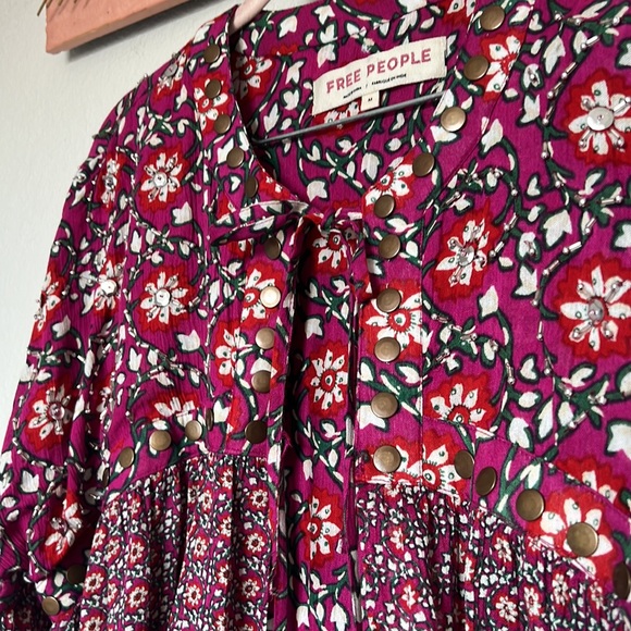 Free People Malia Embellished Printed Baby Doll Jacket Top Dark Red Medium - Picture 10 of 15